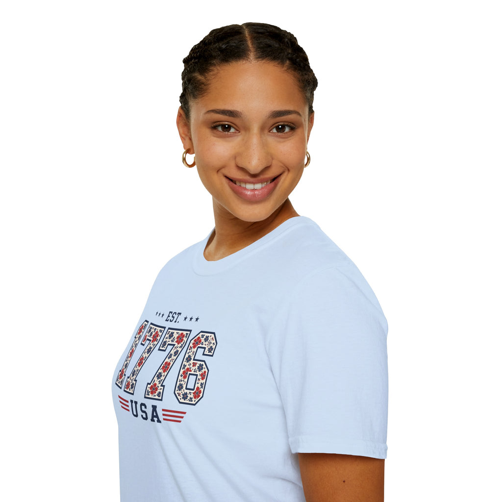 1776 USA Patriotic T-Shirt — Vintage Style Floral For Ladies